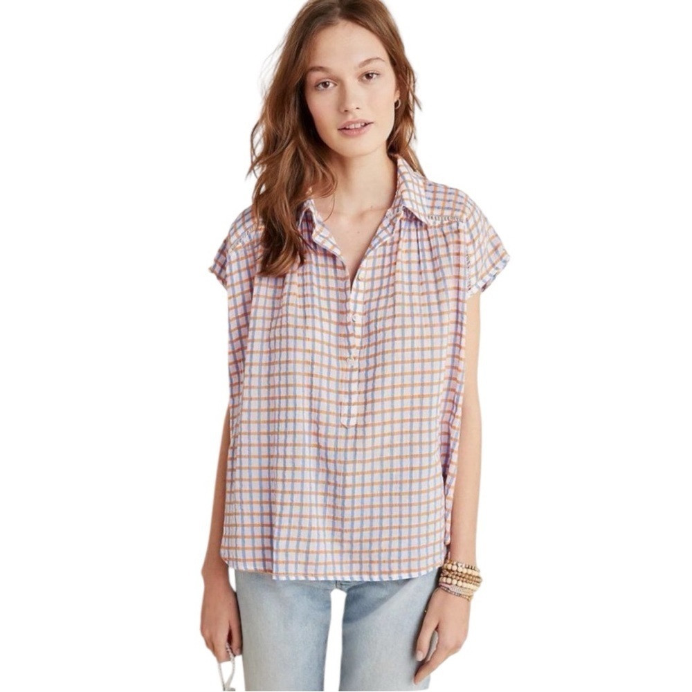 Pilcro Anthro. Serena Surf Casual plaid Henley cap sleeve carefree pullover top - Picture 8 of 12